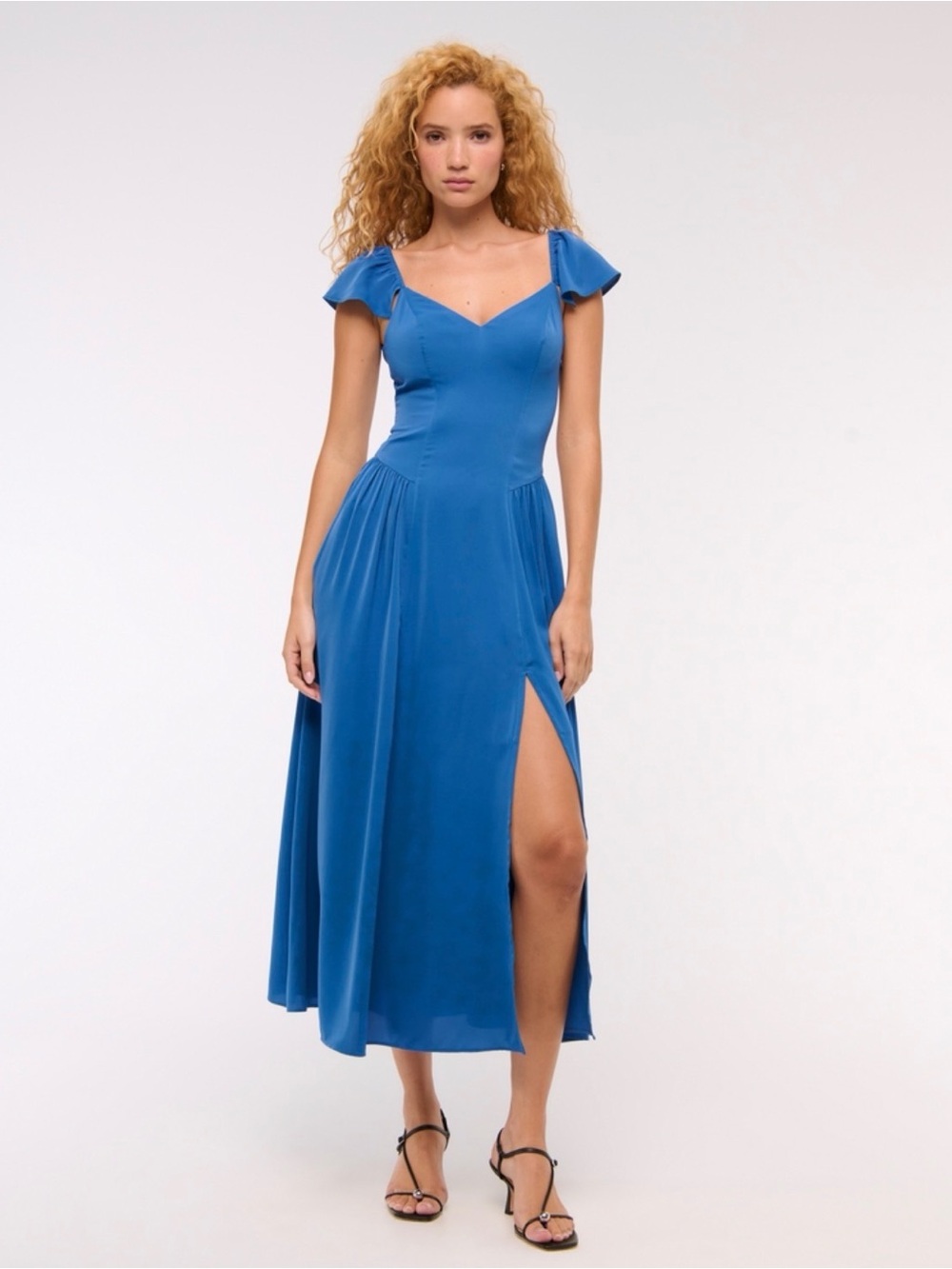 Abercrombie & Fitch Blue Flutter-Sleeve Midi Dress with Side Slit